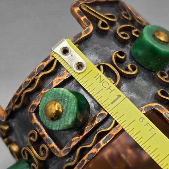 VTG Casa Maya Brutalist Copper & Malachite 2" Wide Cuff Bracelet 7" Mexico 99.8g - Picture 12 of 15